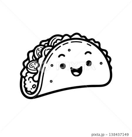 A simple black and white vector drawing of a cute happy friendly taco mascot with a smiling face and large eyes. The hard shell is filled with meat and lettuce. 138437149