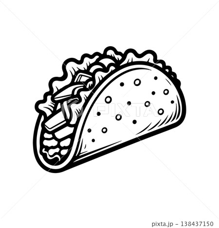A bold black and white vector icon of a classic taco in a hard shell filled with beef lettuce cheese and salsa. The style is detailed and represents Mexican cuisine. 138437150