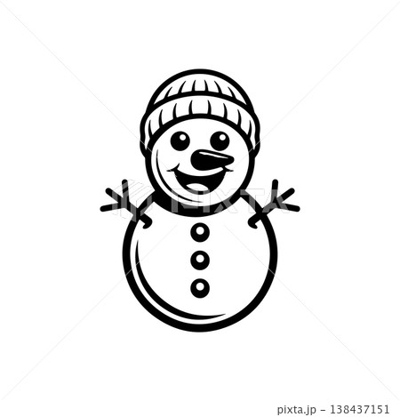 A simple black and white vector drawing of a cute happy smiling two-ball snowman mascot wearing a knit bobble hat with its stick arms raised. The style is childlike. A simple black and white vector drawing of a cute happy smiling two-ball snowman mascot wearing a knit bobble hat with its stick arms raised. The style is childlike. 138437151