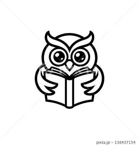 A simple black and white vector drawing of a cute wise owl mascot wearing glasses and reading an open book. The design represents education knowledge and wisdom. 138437154