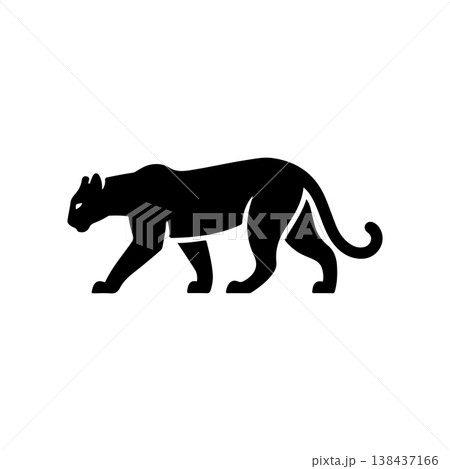 A bold black vector silhouette of a prowling or walking black panther cougar or mountain lion. The design is simple and dynamic representing speed power and wild nature. 138437166