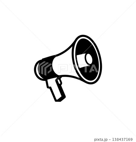 A bold black and white vector icon of a classic bullhorn or megaphone for public address. The design is simple and retro representing announcement or protest. 138437169