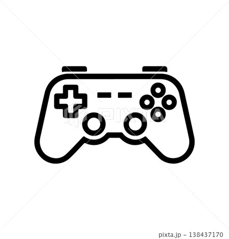 A simple black and white vector icon of a video game controller or gamepad featuring a D-pad and action buttons. The design is minimalist and represents gaming or esports. A simple black and white vector icon of a video game controller or gamepad featuring a D-pad and action buttons. The design is minimalist and represents gaming or esports. 138437170