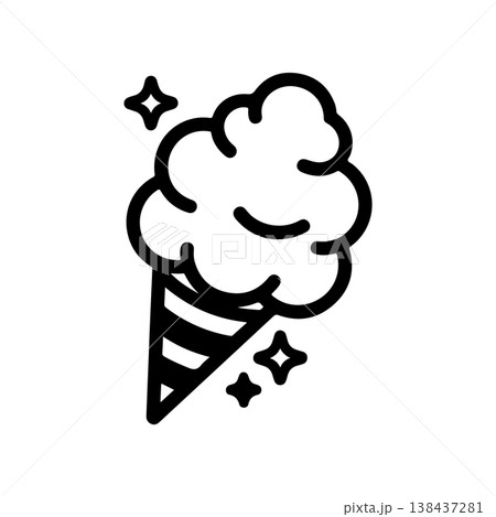 A simple black and white vector icon of a cone of cotton candy or spun sugar decorated with small stars and dots. The style is bold and linear representing a sweet treat. 138437281