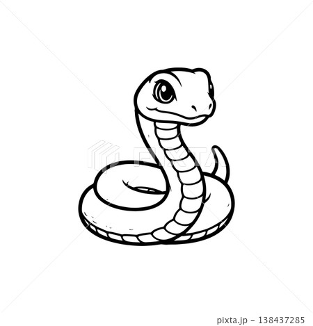 A simple black and white vector drawing of a cute happy friendly coiled cartoon snake mascot with large eyes and tongue flicking out. The style is childlike and minimalist. 138437285