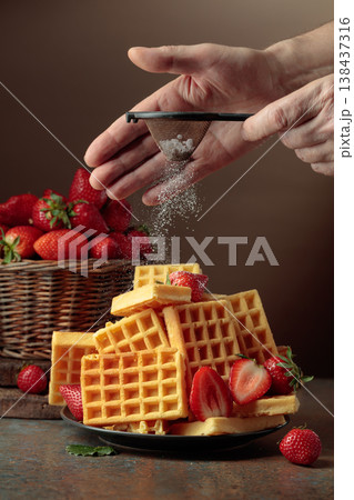 The chef sprinkles powdered sugar on the waffles topped with fresh strawberries. The chef sprinkles powdered sugar on the waffles topped with fresh strawberries. 138437316
