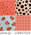Seamless patchwork pattern with kawaii ladybugs, hearts, polka dot, gingham, and stylized sews. Vector illustration. 138437324