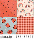 Seamless patchwork pattern with kawaii ladybugs, hearts, polka dot, gingham, and stylized sews. Vector illustration. 138437325