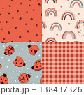 Seamless patchwork pattern with kawaii ladybugs, hearts, rainbows, gingham, and stylized sews. Vector illustration 138437326