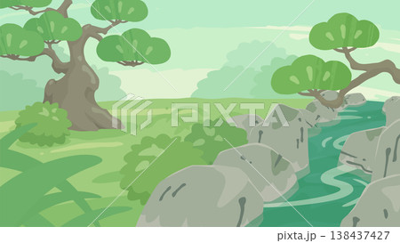 日本庭園の風景のイラスト素材_緑の光_16:9 日本庭園の風景のイラスト素材_緑の光_16:9 138437427