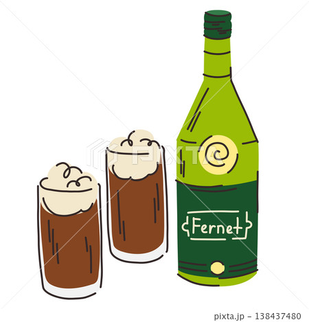 A green glass bottle of Fernet with a label showing two full glasses of the dark brown drink A green glass bottle of Fernet with a label showing two full glasses of the dark brown drink 138437480