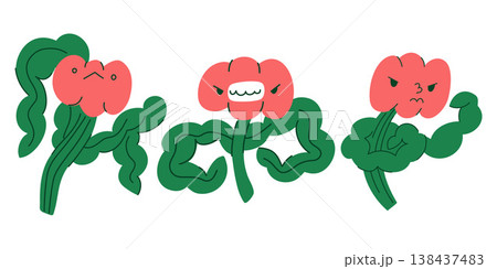 Collection of funny red flowers with green musky leaves, boxing plant, dancing flower, grinning aggressive character Collection of funny red flowers with green musky leaves, boxing plant, dancing flower, grinning aggressive character 138437483