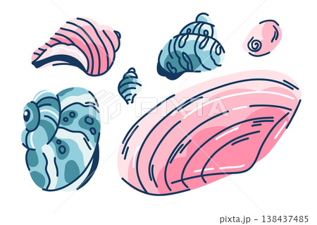Set of shiny seashells in turquoise and pink, mussel shells, clams and hermit crabs on white, sea treasures for decoration 138437485
