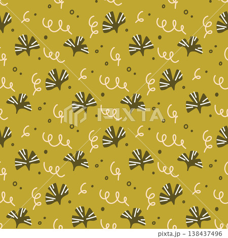 Seamless Floral Pattern with Abstract Leaves and Doodle Elements in Mustard Yellow, Modern Retro Background Seamless Floral Pattern with Abstract Leaves and Doodle Elements in Mustard Yellow, Modern Retro Background 138437496