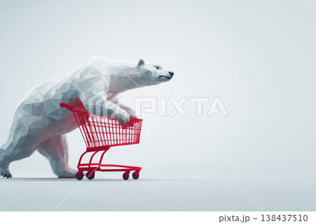 White low poly bear pushing red cart. Space for text. White low poly bear pushing red cart. Space for text. 138437510