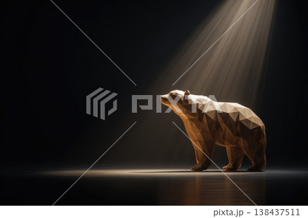 Low poly bear under a beam of light on a dark background. Space for text. Low poly bear under a beam of light on a dark background. Space for text. 138437511