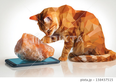 Redhead low poly cat puts a stone on smartphone. 138437515