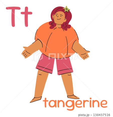 A girl with red hair and shorts in a Mandarin suit, letter T learning English 138437516