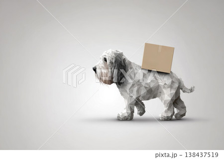 A white dog carries a box on his back on a light background. Space for text. 138437519