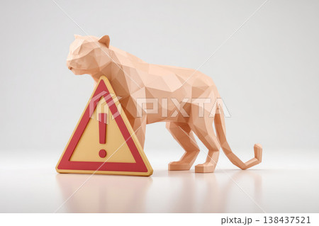 A light cat next to a warning sign on a light background. A light cat next to a warning sign on a light background. 138437521