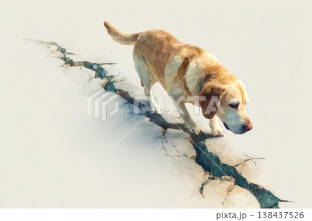 The dog carefully walks along the crack on the light background. Space for text. The dog carefully walks along the crack on the light background. Space for text. 138437526