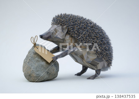 A low-poly hedgehog with a stone and an empty tag on a rope. A low-poly hedgehog with a stone and an empty tag on a rope. 138437535