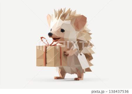 Low poly hedgehog holding a gift box with an empty tag. Space for text. 138437536