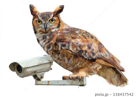 An owl is sitting on a CCTV camera on a light background. An owl is sitting on a CCTV camera on a light background. 138437542