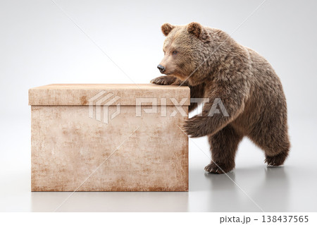 Brown bear pushing a large wooden box on a light background. Space for text. 138437565