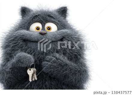 Fluffy gray cat holding a bunch of keys on a white background. Space for text. Fluffy gray cat holding a bunch of keys on a white background. Space for text. 138437577