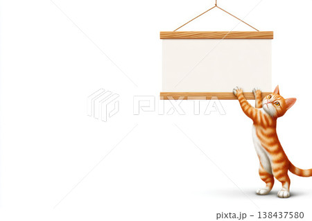 A ginger cat is holding on to an empty hanging sign. Space for text. A ginger cat is holding on to an empty hanging sign. Space for text. 138437580