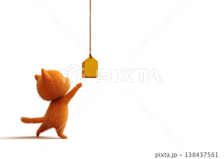 A fluffy ginger cat reaches for a suspended wooden block. Space for text. A fluffy ginger cat reaches for a suspended wooden block. Space for text. 138437581