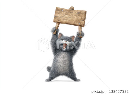 A gray kitten holds a wooden sign above his head. Space for text. A gray kitten holds a wooden sign above his head. Space for text. 138437582