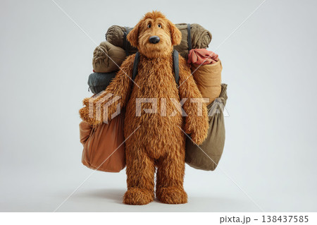 A shaggy dog carries a large load of bags and bundles. 138437585