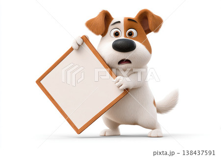 Cartoon dog holding blank sign on white background. Space for text. Cartoon dog holding blank sign on white background. Space for text. 138437591