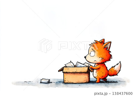 A red fox puts paper in a cardboard box. Space for text. A red fox puts paper in a cardboard box. Space for text. 138437600