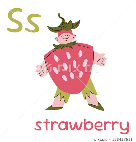 A boy with pink skin wearing a strawberry costume, green pants, and a hat with leaves, flashcard for learning English with the letter S A boy with pink skin wearing a strawberry costume, green pants, and a hat with leaves, flashcard for learning English with the letter S 138437611