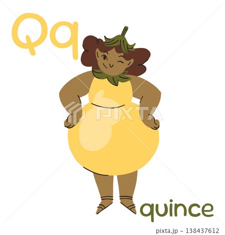 Educational flashcard on Q, Indian girl in yellow quince costume standing with hands on hips, learning English Educational flashcard on Q, Indian girl in yellow quince costume standing with hands on hips, learning English 138437612