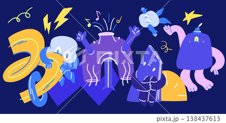 A rich composition with geometric expressive characters, monsters, singing, shyness, and playing ball. A rich composition with geometric expressive characters, monsters, singing, shyness, and playing ball. 138437613