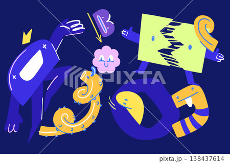 Geometric characters on dark blue, a torn rectangle, a spring slime, a in a dynamic composition Geometric characters on dark blue, a torn rectangle, a spring slime, a in a dynamic composition 138437614