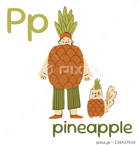 A flashcard for the letter P, showing a child standing next to a cat dressed as a pineapple. 138437616