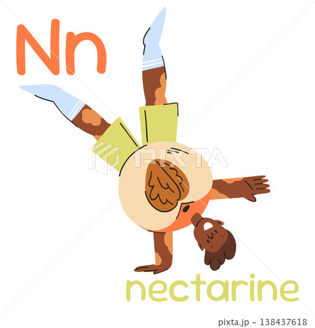 A flashcard for the letter M, a child with vitiligo doing a handstand in a nectarine costume 138437618