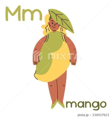 A girl in a mango costume with a leaf on her head, learning the alphabet in fruit costumes, letter M A girl in a mango costume with a leaf on her head, learning the alphabet in fruit costumes, letter M 138437621