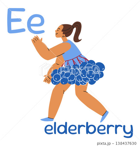 Educational flashcard with the letter E, girl in an Elderberry costume, carnival outfit Educational flashcard with the letter E, girl in an Elderberry costume, carnival outfit 138437630