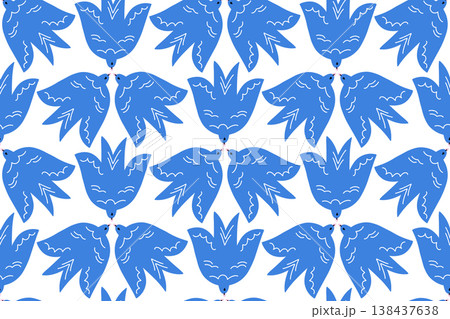 Symmetrical Blue Bird Seamless Pattern, Decorative Swallow Ornament Background for Textile, Wallpaper and Surface Design 138437638