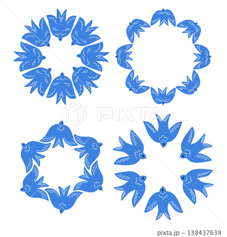 Circular Ornamental Blue Bird Composition Set, Blue Swallow Decorative Round Frames Motifs, Dove dance 138437639