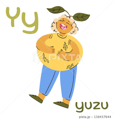 Laughing chubby curly blond guy in yuzu fruit costume with green leaves on his head, letter y educational flashcard Laughing chubby curly blond guy in yuzu fruit costume with green leaves on his head, letter y educational flashcard 138437644