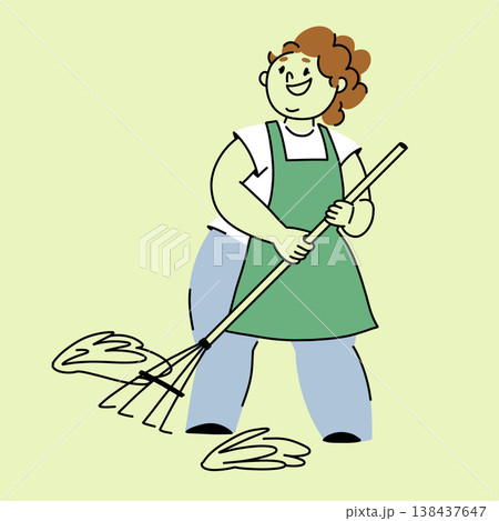 Smiling Woman Raking Leaves in the Garden Doodle illustration of an outline character in spring green colors Smiling Woman Raking Leaves in the Garden Doodle illustration of an outline character in spring green colors 138437647