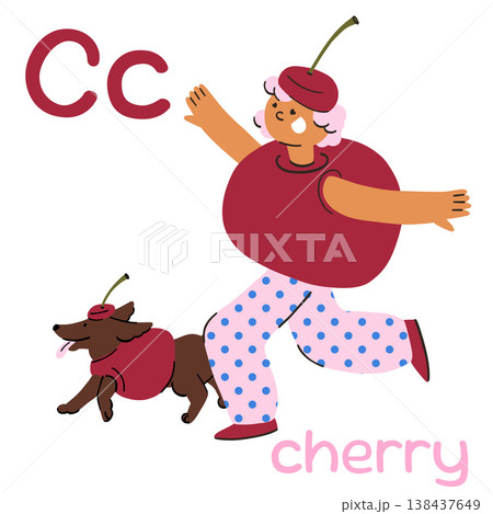 Educational flashcard for the letter C A girl with pink hair in a cherry costume running with a dog, learning English 138437649