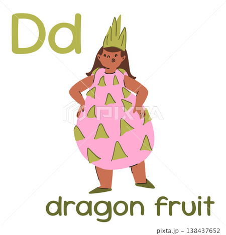 A girl in a dragon fruit costume learning the English alphabet with flashcards, letter D 138437652
